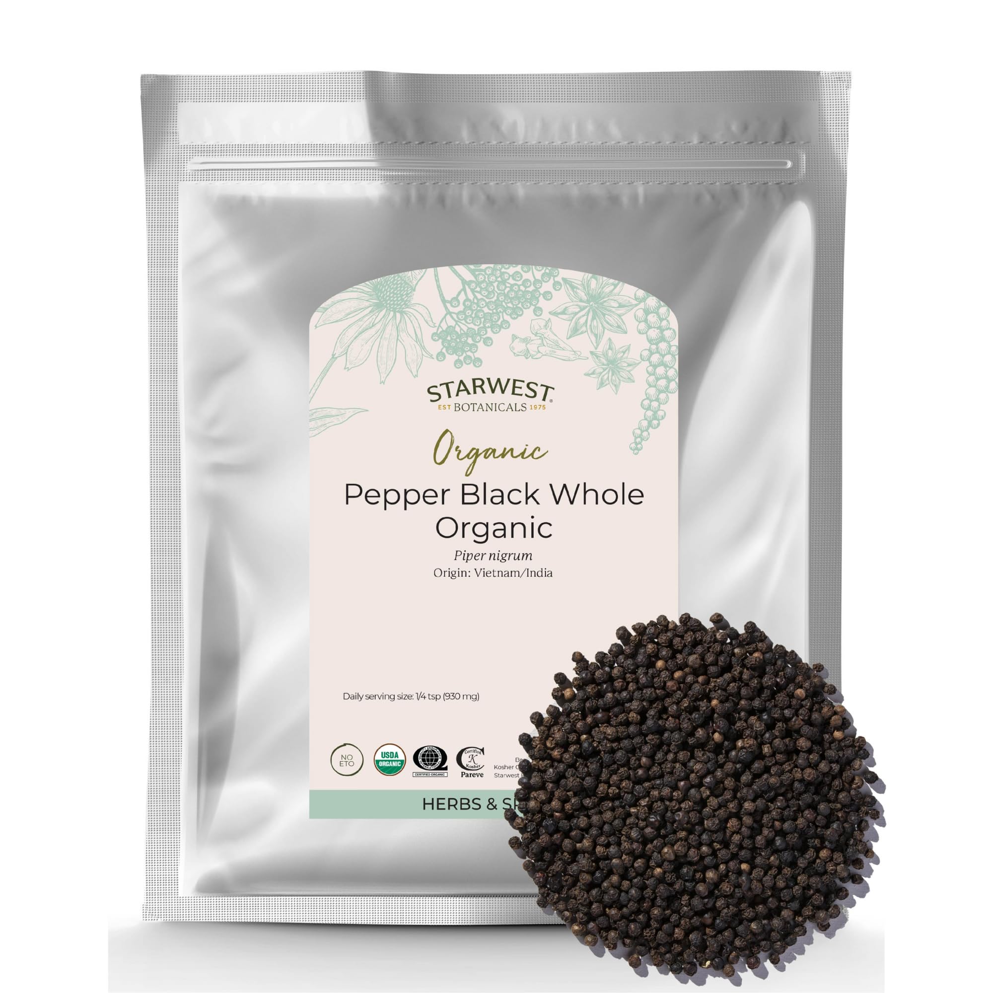 Starwest Botanicals Organic Whole Black Pepper - Bulk 1 lb Bag for Grinder Refill, Certified Kosher & Non-GMO, Sourced f