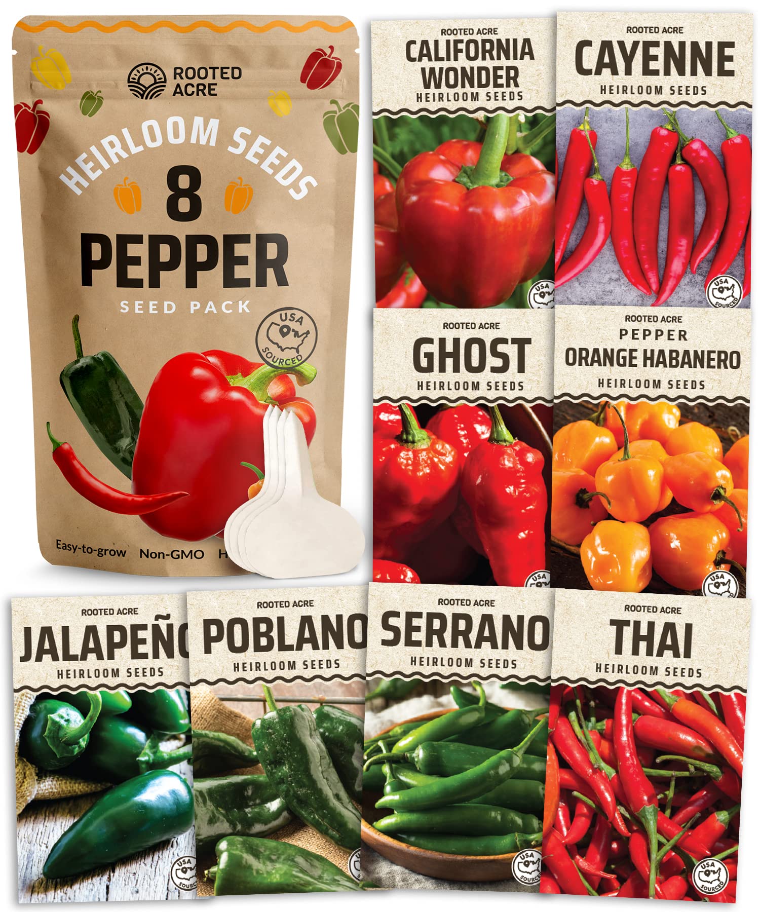 Rooted Acre 8 Varieties Hot Peppers – Non-GMO USA-Sourced, High Germination – Ghost, Jalapeño, Serrano, California Wonde